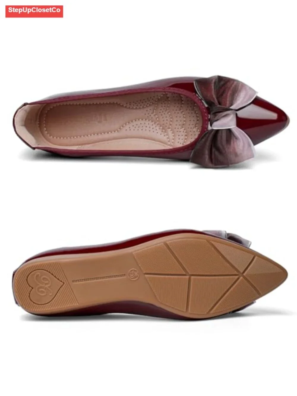 Faux Leather Pointed Toe Ballet Flats with Bow Slip On Dressy Flats